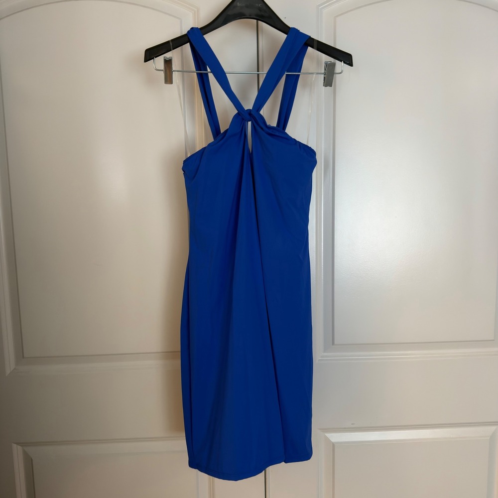 Athleta Royal Blue Halter Neck Swim Cover Up Dress Twist Front Tie Back Small